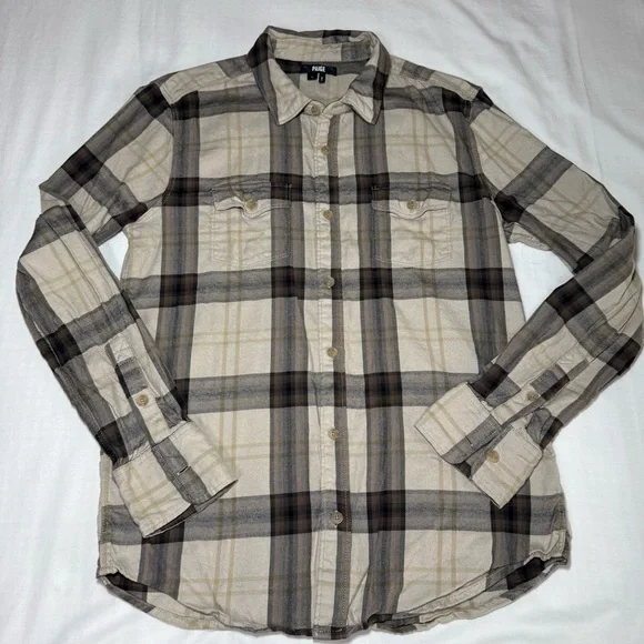 Paige Mens Cotton Everett Plaid Collared Long Sleeve Buttoned-Down Tan Size S - Picture 2 of 8